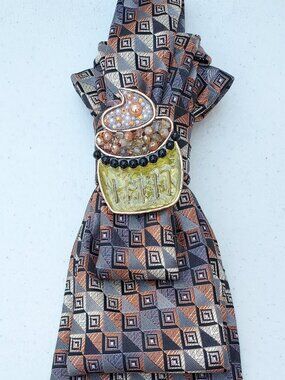 Statement Necktie Necklace with Handcrafted Brooch